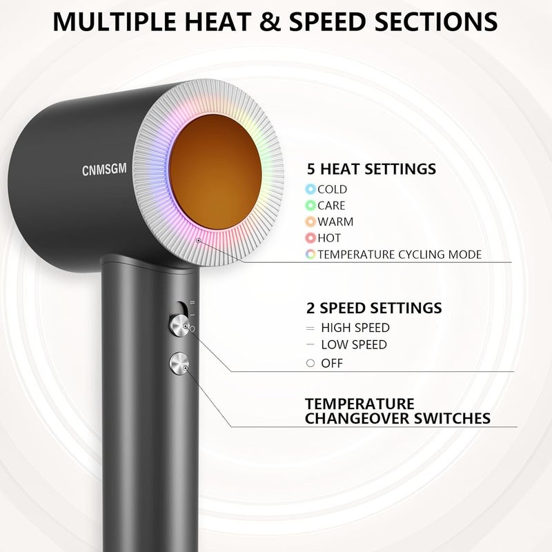 CNMSGM Hair Dryer, High Speed Ionic Blow Dryer, 5X-Fast Drying, 2 Billion Negative Ions, Low Noise,160000 RPM, Compact Blow Dryer with Magnetic Diffuser for Faster Drying All Hair Types(Black Gray) - Image 5